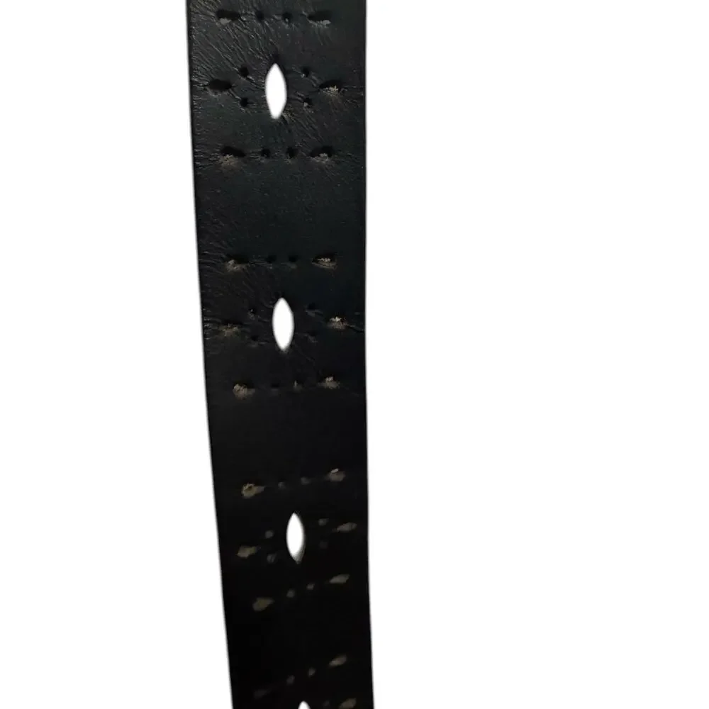 Womens Black Genuine Leather Belt Perforated Brushed Metal Buckle Boho Western L